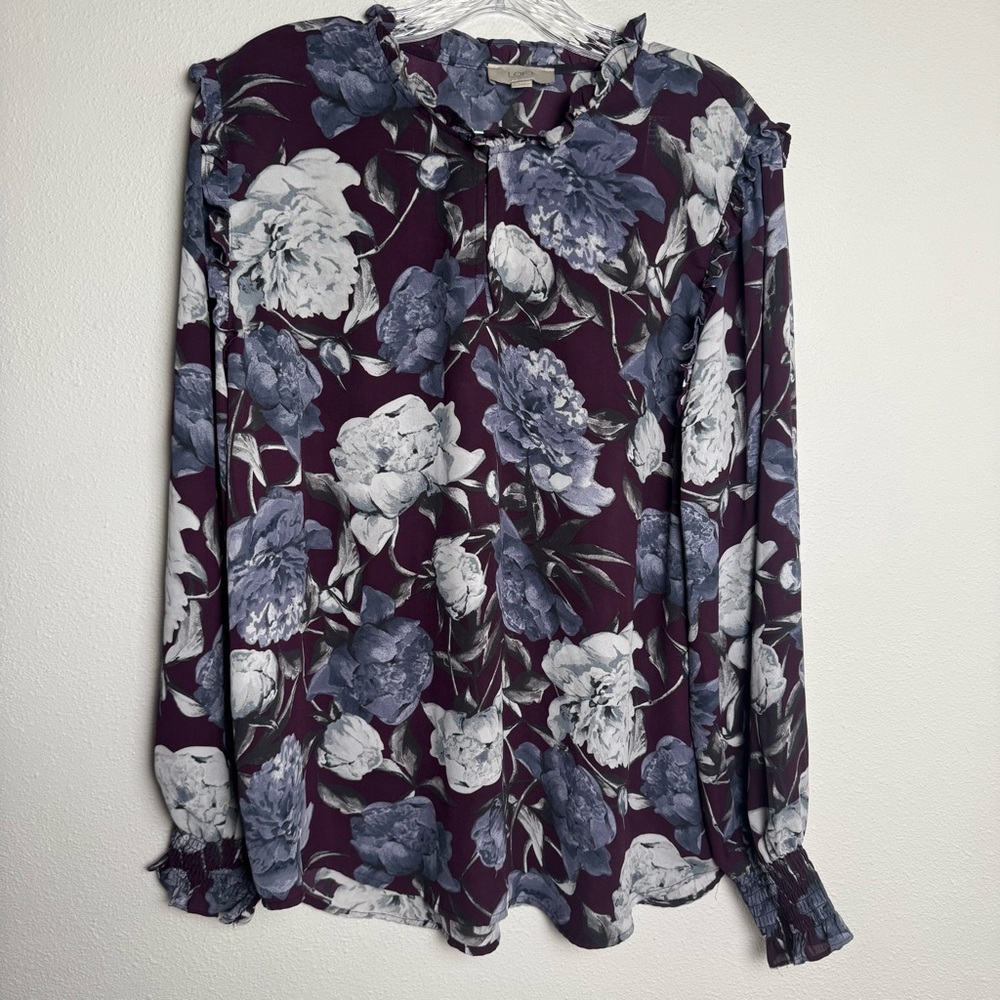 LOFT Purple and Gray Maroon‎ keyhole ruffle Floral Blouse